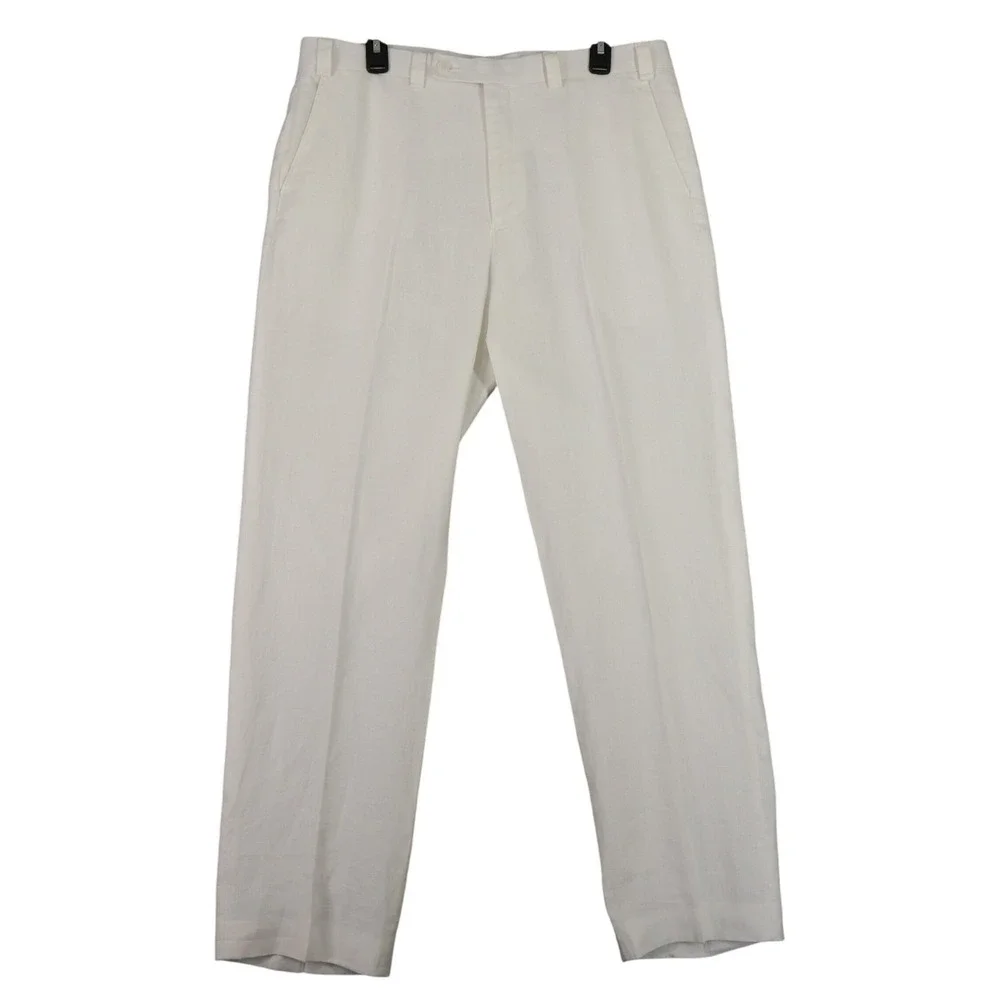 Calvin Klein Flat Front Mens 36x31 Linen Dress Pants White Summer Beach Wedding